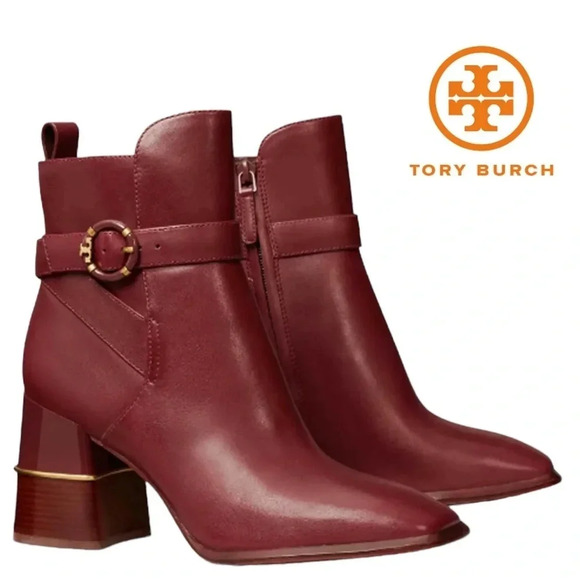 Tory Burch Multi Logo Buckle Boot Ankle Booties Square Toe Claret Burgundy 10 - Picture 14 of 14